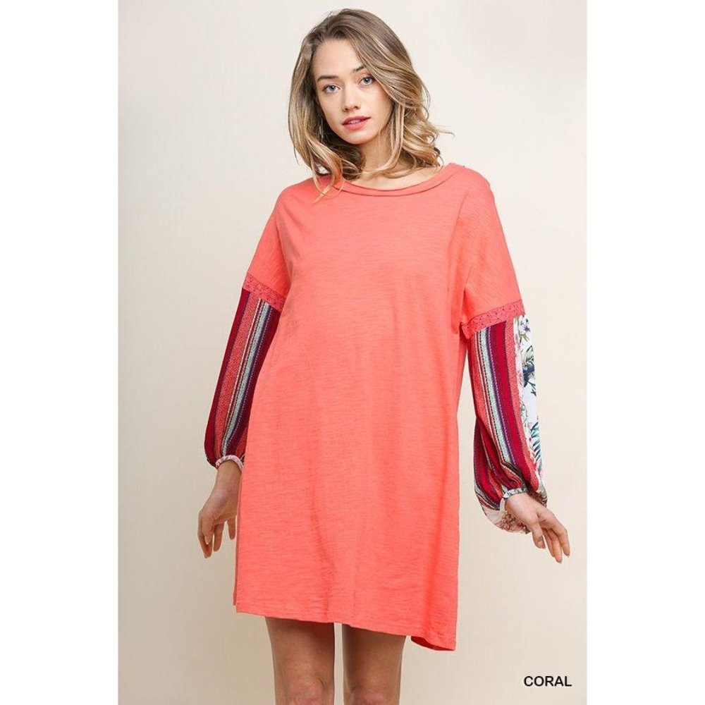 Umgee Dress Coral Knit Round Neck Tee Dress with S